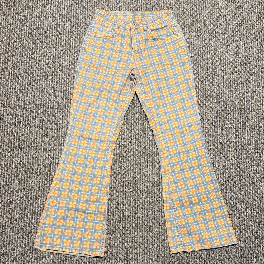 Ragged plaid flare jeans
